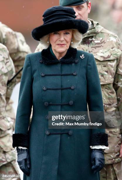 Camilla, Duchess of Cornwall inspects soldiers of 4th Battalion The Rifles during a homecoming parade of Riflemen who have recently returned from...