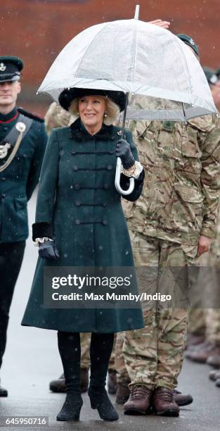 Camilla, Duchess of Cornwall inspects soldiers of 4th Battalion The Rifles during a homecoming parade of Riflemen who have recently returned from...