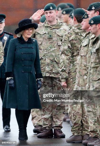 Camilla, Duchess of Cornwall inspects soldiers of 4th Battalion The Rifles during a homecoming parade of Riflemen who have recently returned from...