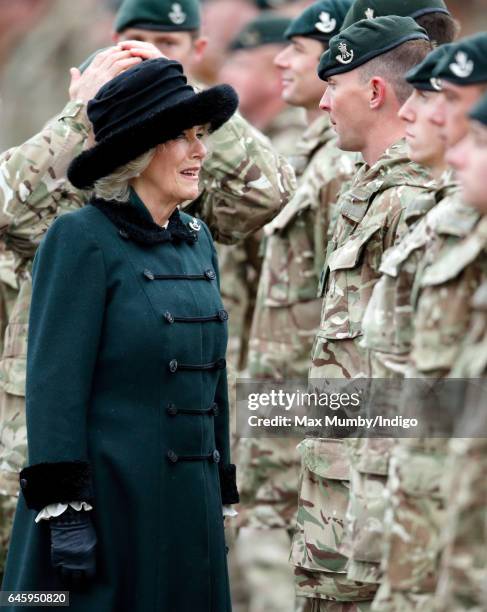 Camilla, Duchess of Cornwall inspects soldiers of 4th Battalion The Rifles during a homecoming parade of Riflemen who have recently returned from...