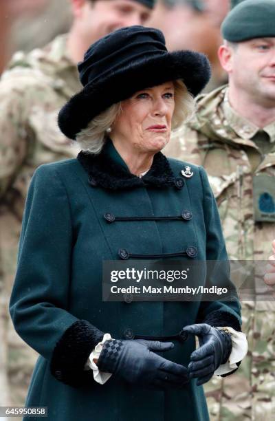 Camilla, Duchess of Cornwall inspects soldiers of 4th Battalion The Rifles during a homecoming parade of Riflemen who have recently returned from...