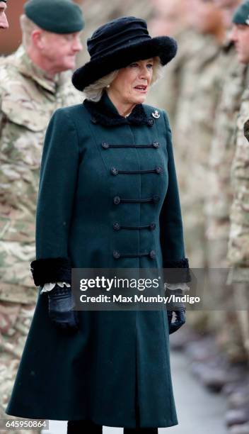 Camilla, Duchess of Cornwall inspects soldiers of 4th Battalion The Rifles during a homecoming parade of Riflemen who have recently returned from...