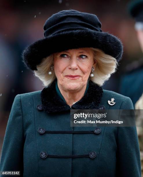 Camilla, Duchess of Cornwall inspects soldiers of 4th Battalion The Rifles during a homecoming parade of Riflemen who have recently returned from...