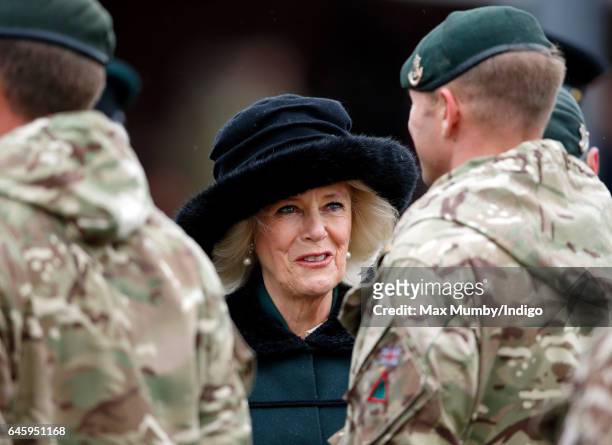 Camilla, Duchess of Cornwall inspects soldiers of 4th Battalion The Rifles during a homecoming parade of Riflemen who have recently returned from...