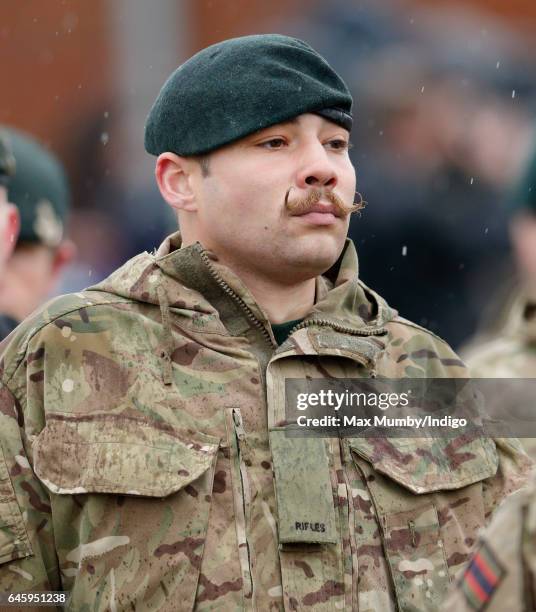 Moustachioed soldier of 4th Battalion The Rifles takes part in a homecoming parade of Riflemen who have recently returned from deployment to Iraq...