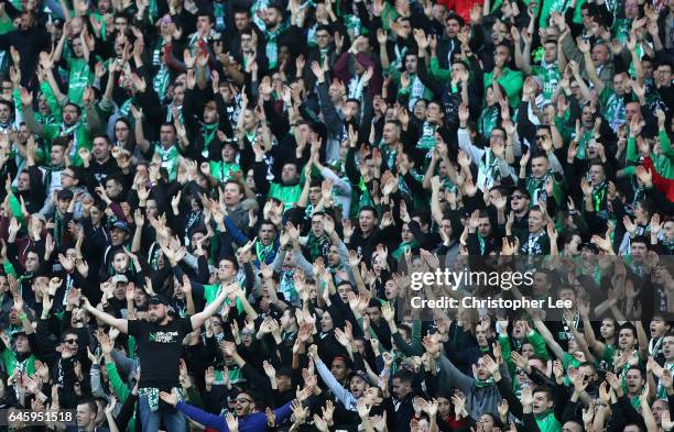 Saint-Etienne fans during the UEFA Europa League Round of 32 second leg match between AS Saint-Etienne and Manchester United at Stade...