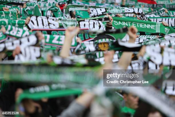 Saint-Etienne fans during the UEFA Europa League Round of 32 second leg match between AS Saint-Etienne and Manchester United at Stade...