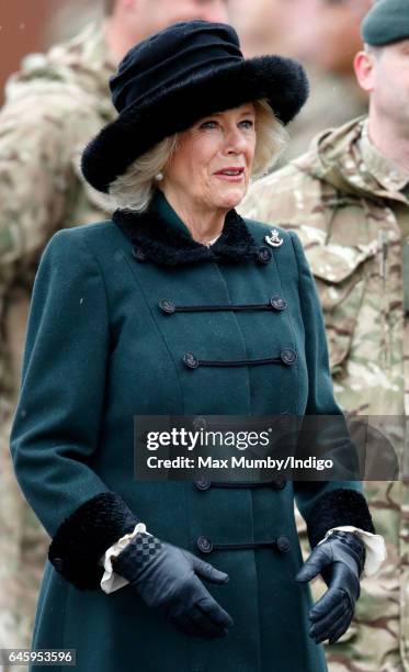 Camilla, Duchess of Cornwall inspects soldiers of 4th Battalion The Rifles during a homecoming parade of Riflemen who have recently returned from...