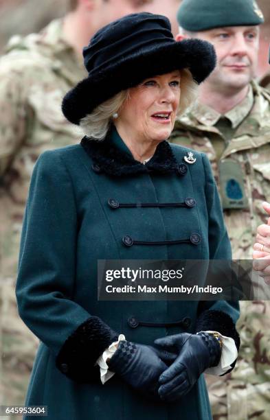 Camilla, Duchess of Cornwall inspects soldiers of 4th Battalion The Rifles during a homecoming parade of Riflemen who have recently returned from...