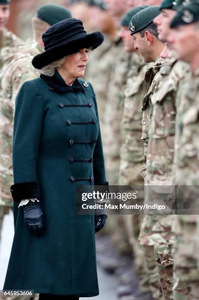Camilla, Duchess of Cornwall inspects soldiers of 4th Battalion The Rifles during a homecoming parade of Riflemen who have recently returned from...