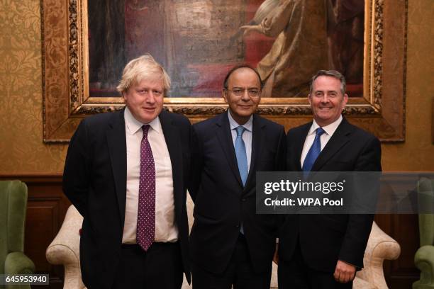 British Foreign Secretary Boris Johnson and and British International Trade Secretary Liam Fox meet India's Minister of Finance Arun Jaitley at the...