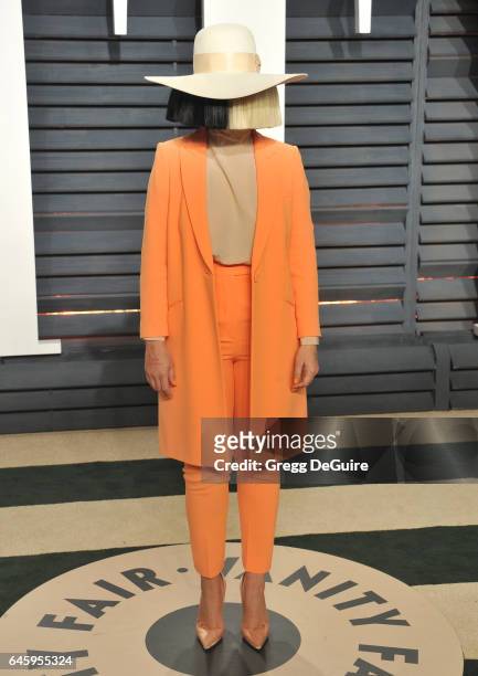 Sia arrives at the 2017 Vanity Fair Oscar Party Hosted By Graydon Carter at Wallis Annenberg Center for the Performing Arts on February 26, 2017 in...