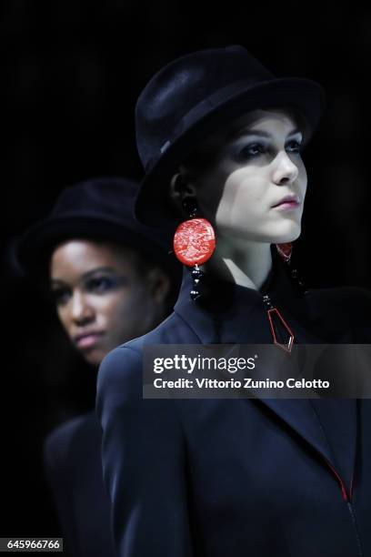 Models walk the runway at the Giorgio Armani show during Milan Fashion Week Fall/Winter 2017/18 on February 27, 2017 in Milan, Italy.