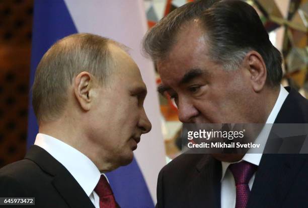 Russian President Vladimir Putin listens to Tajik President Emomali Rahmon during their talks on February 27, 2017 in Dushanbe,Tajikistan. Putin is...