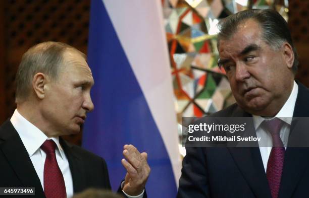 Russian President Vladimir Putin addresses to Tajik President Emomali Rahmon during their talks on February 27, 2017 in Dushanbe,Tajikistan. Putin is...