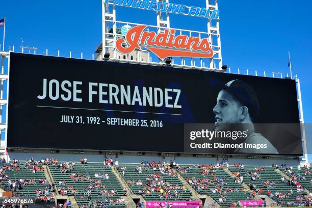 View of the scoreboard during a moment of silence for pitcher Jose Fernandez of the Miami Marlins prior to a game against the Chicago White Sox and...