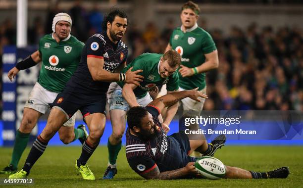 Dublin , Ireland - 25 February 2017; Keith Earls of Ireland competes for a loose ball with Yoann Huget, left, and Uini Atonio of France during the...