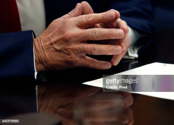 Detail of the hands of U.S. President Donald Trump as he leads a listening session with health insurance company CEO's in the Roosevelt Room of the...