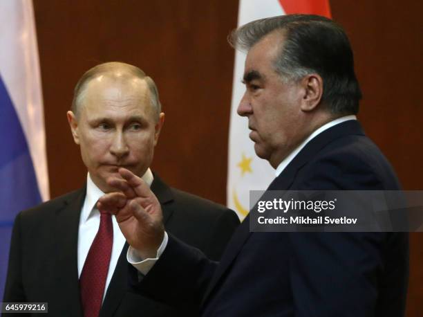 Russian President Vladimir Putin listens to Tajik President Emomali Rahmon during their talks in Dushanbe,Tajikistan, February 27, 2017. Putin is on...