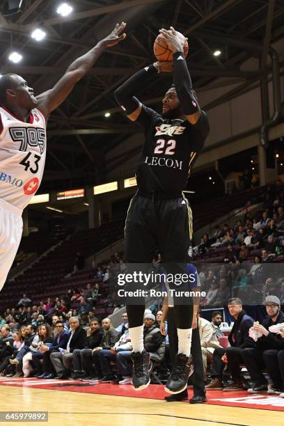 Branden Dawson of the Erie Bayhawks shoots the ball against the Raptors 905 at the Hershey Centre on February 23, 2017 in Mississauga, Ontario,...