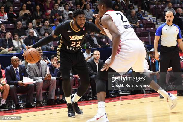 Branden Dawson of the Erie Bayhawks dribbles the ball against the Raptors 905 at the Hershey Centre on February 23, 2017 in Mississauga, Ontario,...