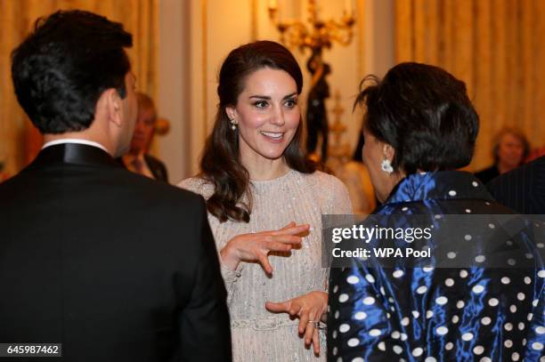 Catherine, Duchess of Cambridge speaks to Baroness Scotland at a reception this evening to mark the launch of the UK-India Year of Culture 2017 on...