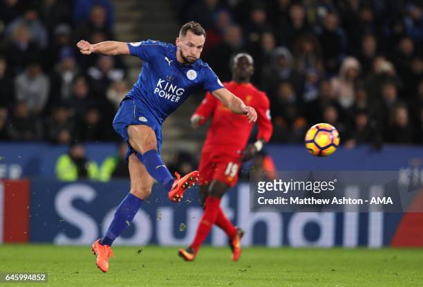 Danny Drinkwater of Leicester City scores the second goal to make the score 2-0 during the Premier League match between Leicester City and Liverpool...