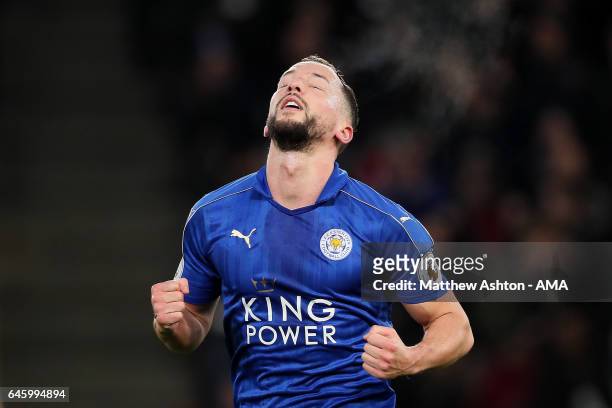 Danny Drinkwater of Leicester City celebrates scoring the second goal to make the score 2-0 during the Premier League match between Leicester City...
