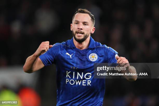 Danny Drinkwater of Leicester City celebrates scoring the second goal to make the score 2-0 during the Premier League match between Leicester City...