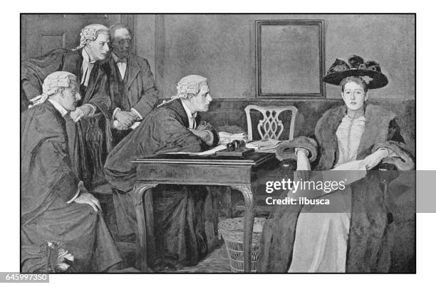 antique photo of paintings: defendant and counsel - confession law stock illustrations