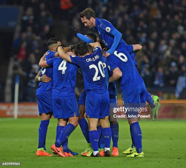 Danny Drinkwater of Leicesyter city score the second and celebrates during the Premier League match between Leicester City and Liverpool at The King...