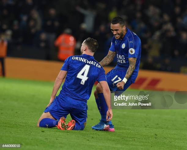 Danny Drinkwater of Leicesyter city score the second and celebrates during the Premier League match between Leicester City and Liverpool at The King...