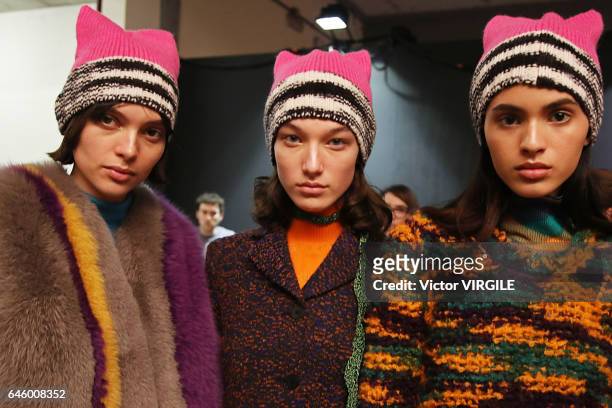 Model backstage at the Missoni Ready to Wear fashion show during Milan Fashion Week Fall/Winter 2017/18 on February 25, 2017 in Milan, Italy.