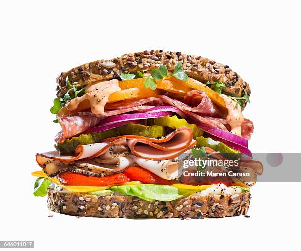 deli meat sandwich on whole grain bread - sandwich photos et images de collection