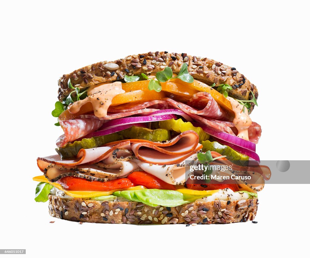 Deli meat sandwich on whole grain bread