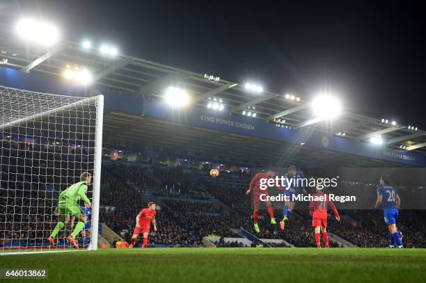 Jamie Vardy of Leicester City scores his second and his sides third goal during the Premier League match between Leicester City and Liverpool at The...