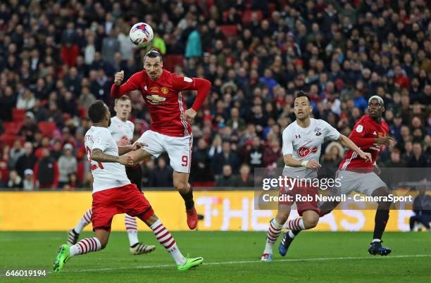 Manchester United's Zlatan Ibrahimovic scores his sides third goal during the EFL Cup Final match between Manchester United and Southampton at...