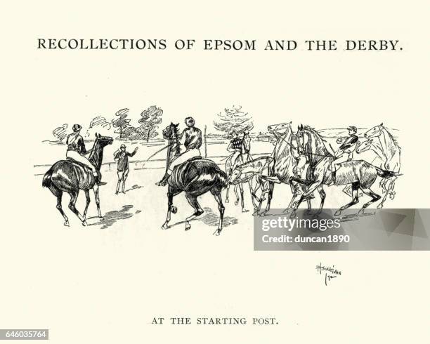 epsom derby racehorses at the starting post - north wales stock illustrations