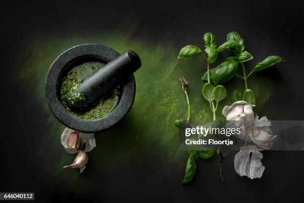 seasoning: pesto and ingredients still life - pesto imagens e fotografias de stock