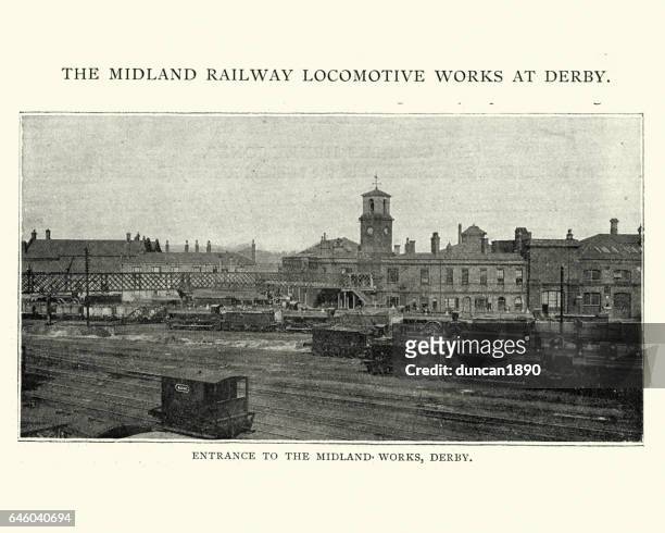 midland railway dampflok funktioniert beim derby, 1892 - derby england stock-grafiken, -clipart, -cartoons und -symbole