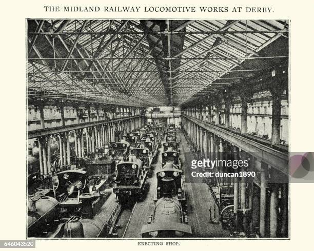 ilustraciones, imágenes clip art, dibujos animados e iconos de stock de locomotora de ferrocarril midland trabaja en el derby, 1892 - revolucion industrial