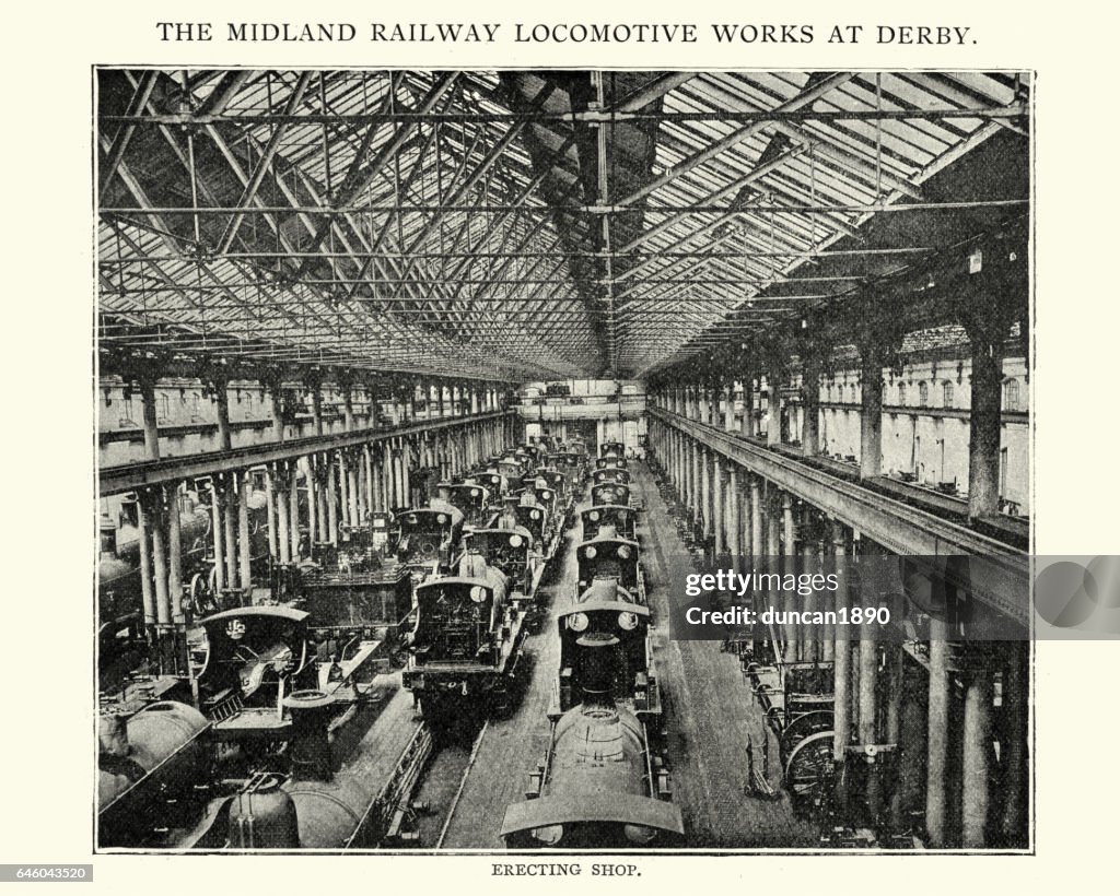 Midland trein locomotief werkt bij Derby, 1892