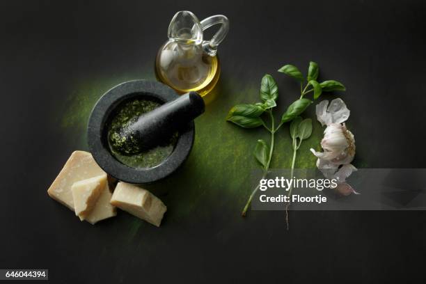 seasoning: pesto and ingredients still life - pesto sauce stock pictures, royalty-free photos & images