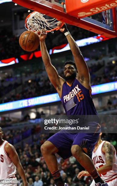 Alan Williams of the Phoenix Suns dunks against the Chicago Bulls at the United Center on February 24, 2017 in Chicago, Illinois. The Bulls defeated...