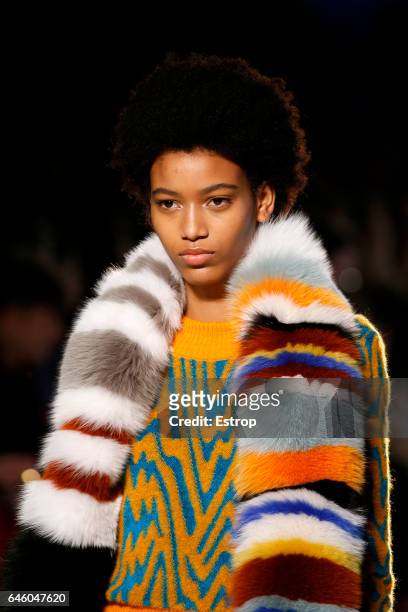 Hairstyle detail at the Missoni show during Milan Fashion Week Fall/Winter 2017/18 on February 25, 2017 in Milan, Italy.