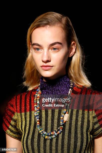 Hairstyle detail at the Missoni show during Milan Fashion Week Fall/Winter 2017/18 on February 25, 2017 in Milan, Italy.