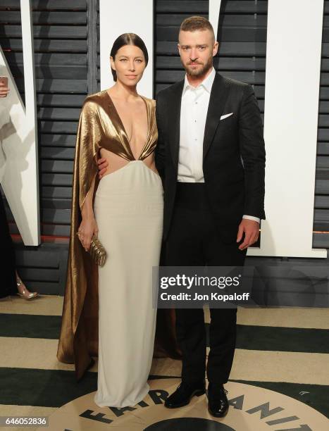 Jessica Biel and Justin Timberlake arrive at the 2017 Vanity Fair Oscar Party Hosted By Graydon Carter at Wallis Annenberg Center for the Performing...