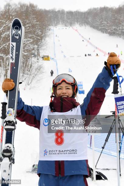 Arisa Murata of Japan celebrates winning the gold medal in the Women's Moguls final on day nine of the 2017 Sapporo Asian Winter Games at Sapporo...