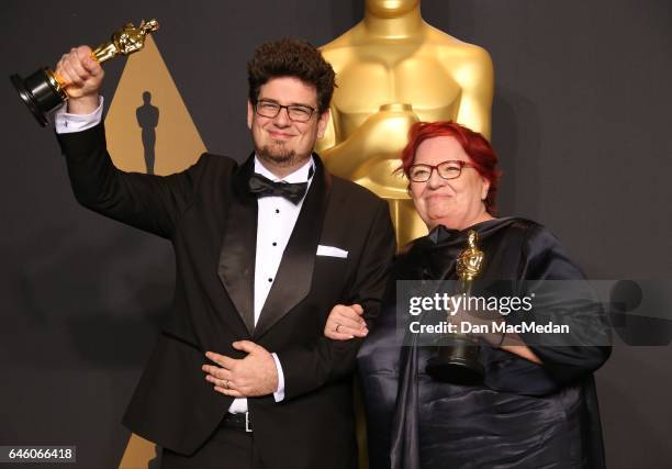 Director Kristof Deak and producer Anna Udvardy, winners of Best Live Action Short Film for 'Sing' pose in the press room at the 89th Annual Academy...