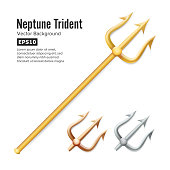 Neptune Trident Vector. Realistic 3D Silhouette Of Poseidon Weapon. Gold, Silver, Bronze. Pitchfork Sharp Fork Object. Isolated On White Background